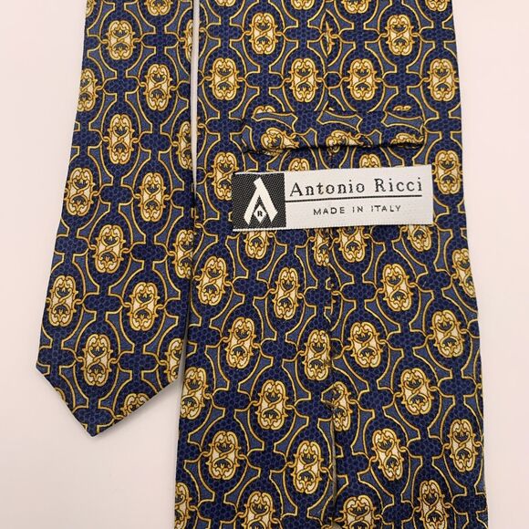 ANTONIO RICCI Men's Blue Geometric Medallions Made in ITALY 100% Silk Neck Tie - Picture 5 of 10